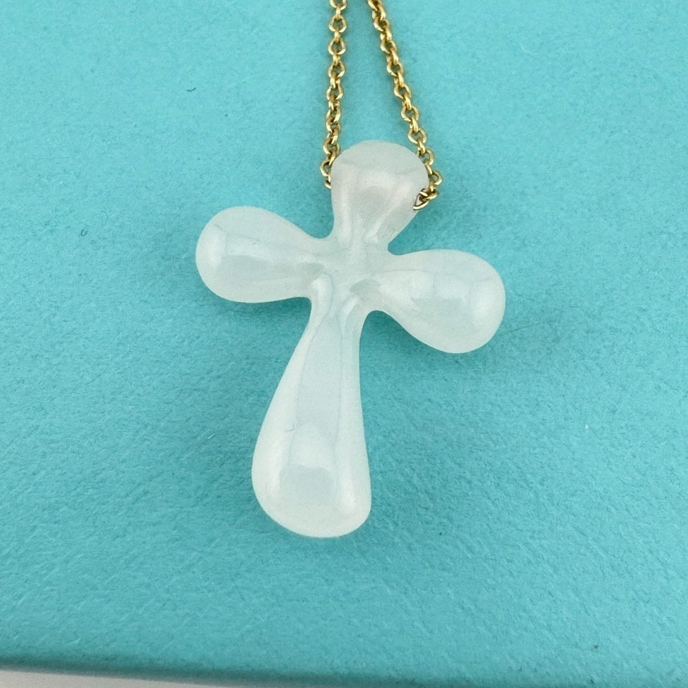 Tiffany & Co. Elsa Peretti White Jade Cross Necklace 18k Yellow Gold 16"